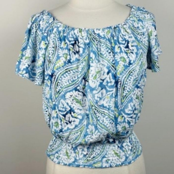 Christian Siriano Tops - Christian Siriano Top, Size S, Floral, Blue / Green, Flutter Sleeve, Ruffle Neck